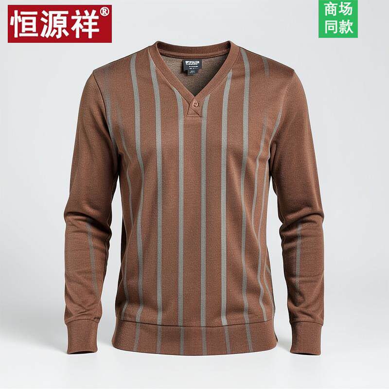 恒源祥羊毛衫男秋季薄款V领毛衣羊绒衫男士长袖t恤爸爸装条纹上衣
