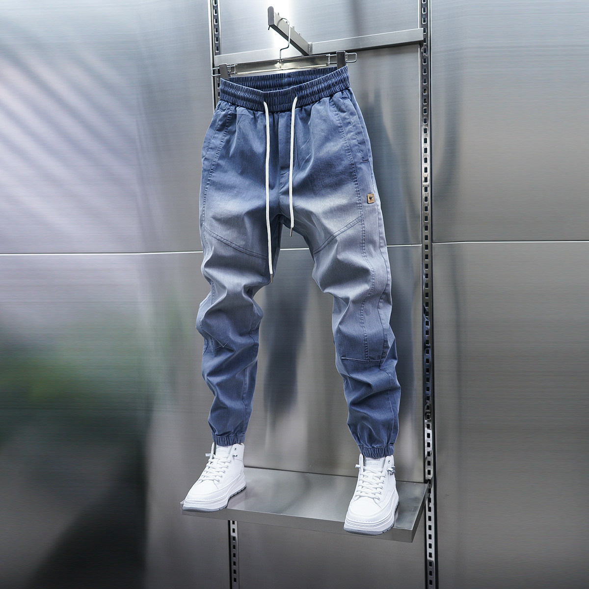 夏季新款男士休闲裤拼接束脚修身弹力小脚裤潮流渐变色薄款牛仔裤