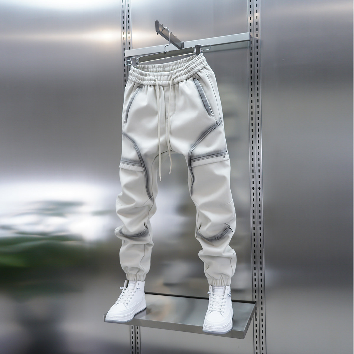 潮男士冬季加绒休闲裤新款拼接水洗工艺韩版高端棉布小束脚牛仔裤