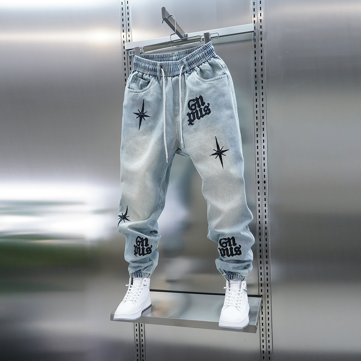 美式高街字母刺绣水洗牛仔裤男潮流时尚宽松束脚哈伦裤小脚休闲裤