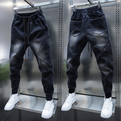 春秋新款 牛仔裤 黑灰色拼接束脚休闲裤 2025男士 弹力松紧腰小脚裤