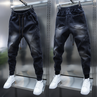 弹力松紧腰小脚裤 2025男士 黑灰色拼接束脚休闲裤 牛仔裤 春秋新款