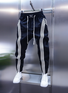 2025男士新款拼条束脚休闲裤潮流青少年春夏薄款速干小脚裤