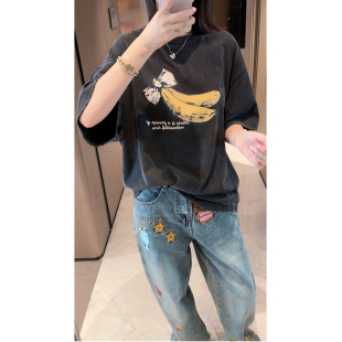 IMZZY ZHI 蝴蝶结香蕉印花短袖T恤女 复古做旧水洗黑休闲上衣