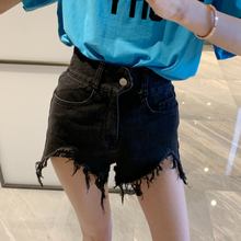 ◆张静芝  好洋气显腿长流苏毛边弧度黑色牛仔短裤女