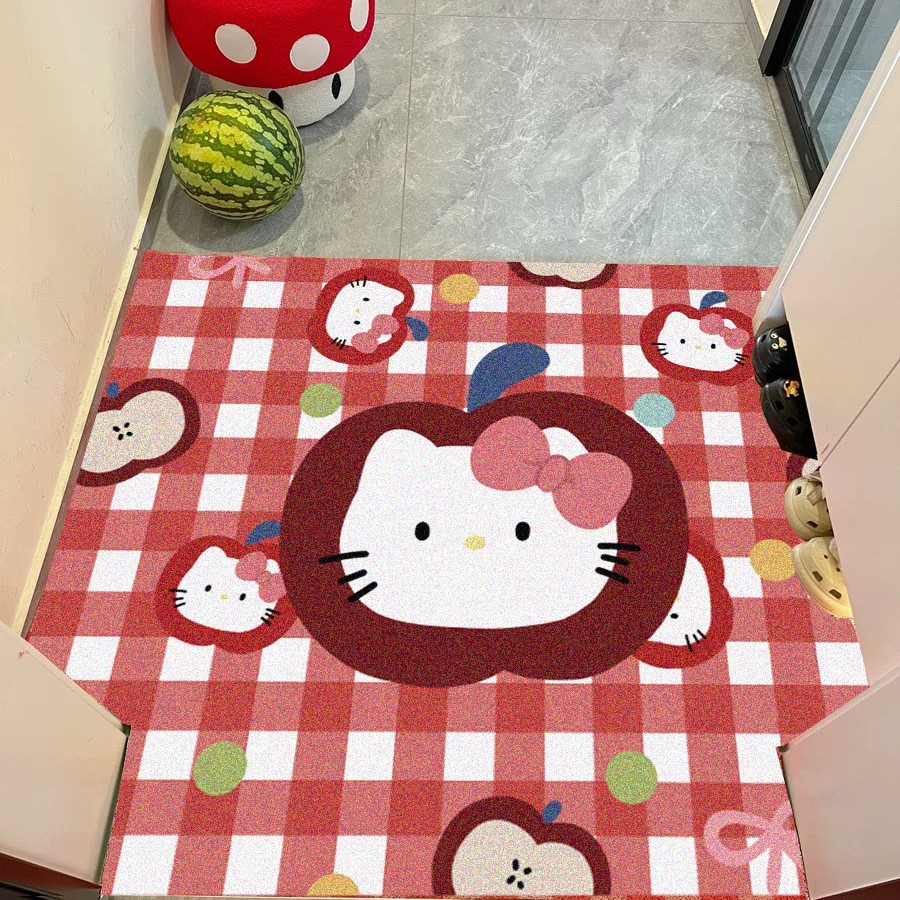 小红书同款红色格子小猫丝圈入户地垫卡通可裁剪玄关刮泥蹭土门垫