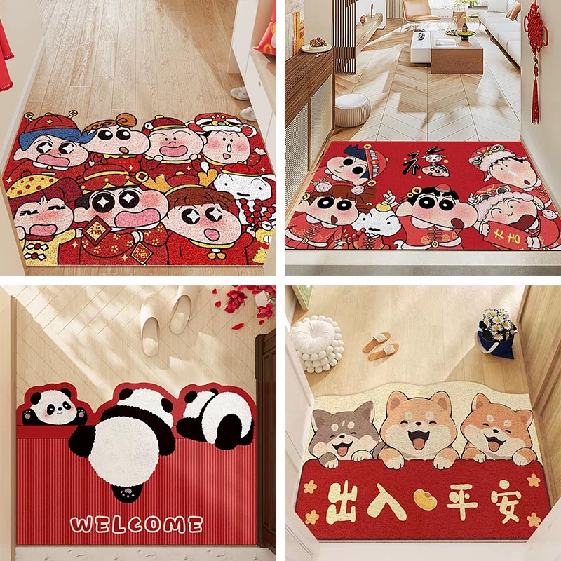 2025新年喜庆红色丝圈入户门垫玄关除尘脚垫可裁剪大门口地垫免洗