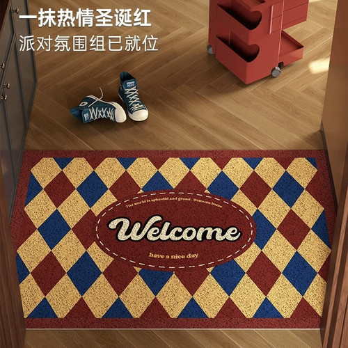 新款美式复古菱形格丝圈入户门地垫玄关脚垫刮泥蹭土地垫耐用免洗