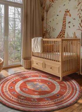 北欧红色民族圆形地毯高级感圈绒轻奢沙发梳妆台垫书房衣帽间地毯