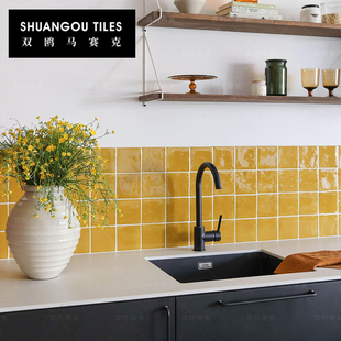 双鸥波浪纹蜜糖黄手工砖马赛克中古风厨房餐厅卫生间商业空间墙砖