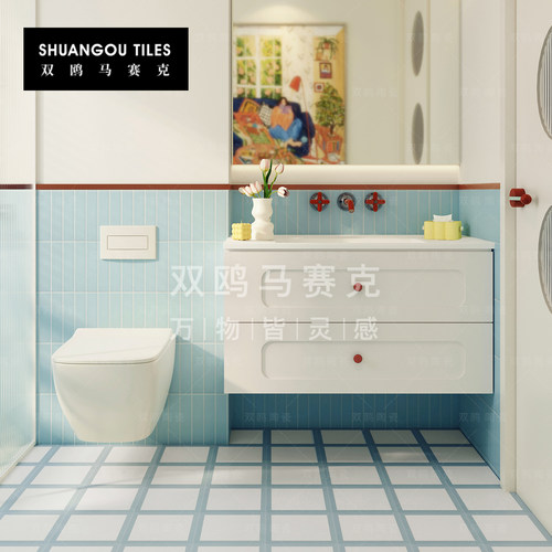 双鸥薄荷蓝手工砖马赛克多巴胺卫生间花砖厨房民宿浴室防滑墙地砖