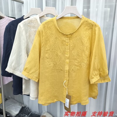 复古刺绣苎麻衬衫女夏薄款五分袖