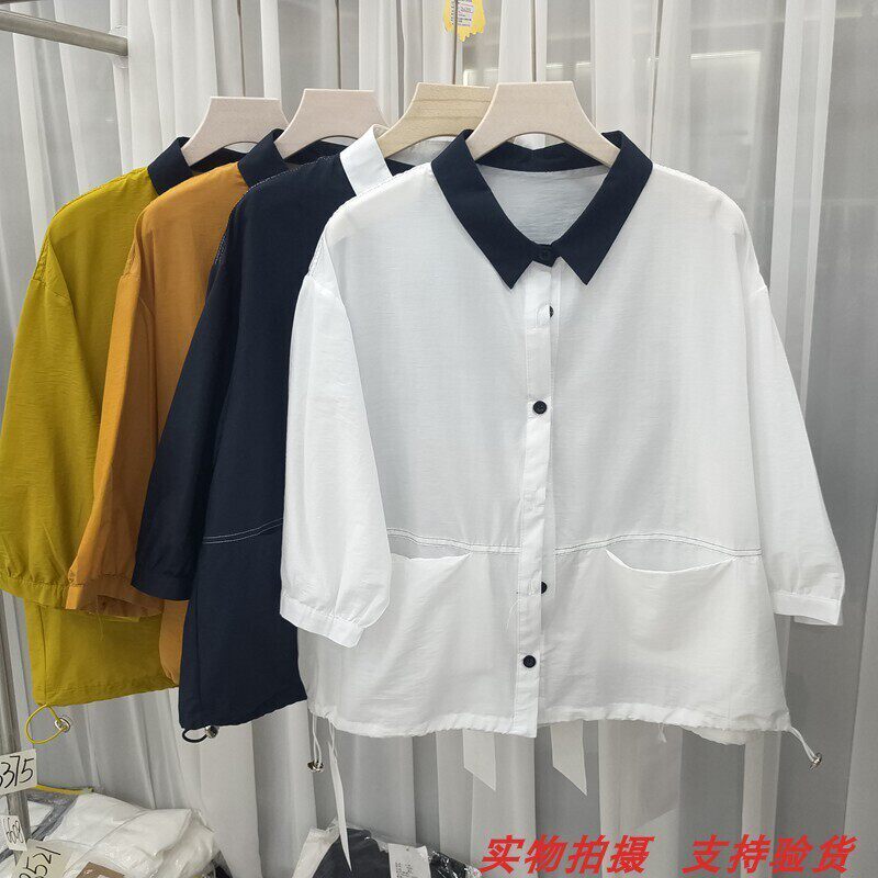 T恤翻领白色夏季拼色衬衣文艺范