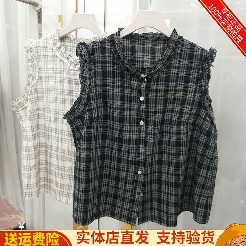 茜3146夏季新款时尚减龄无袖格子棉质学院风气质棉衬衣衬衫女装