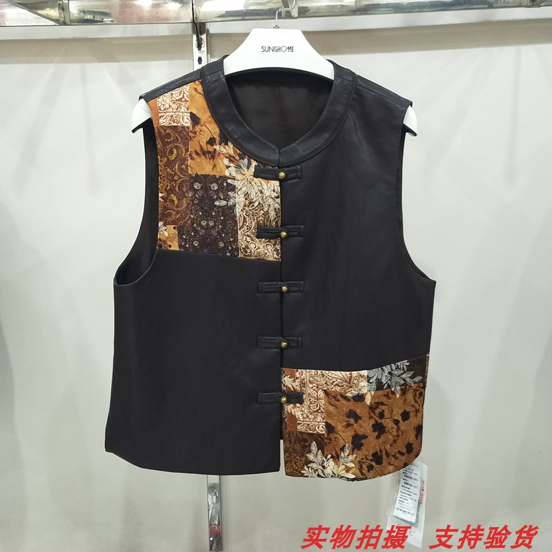 拼色新中式皮衣马甲坎肩外套女