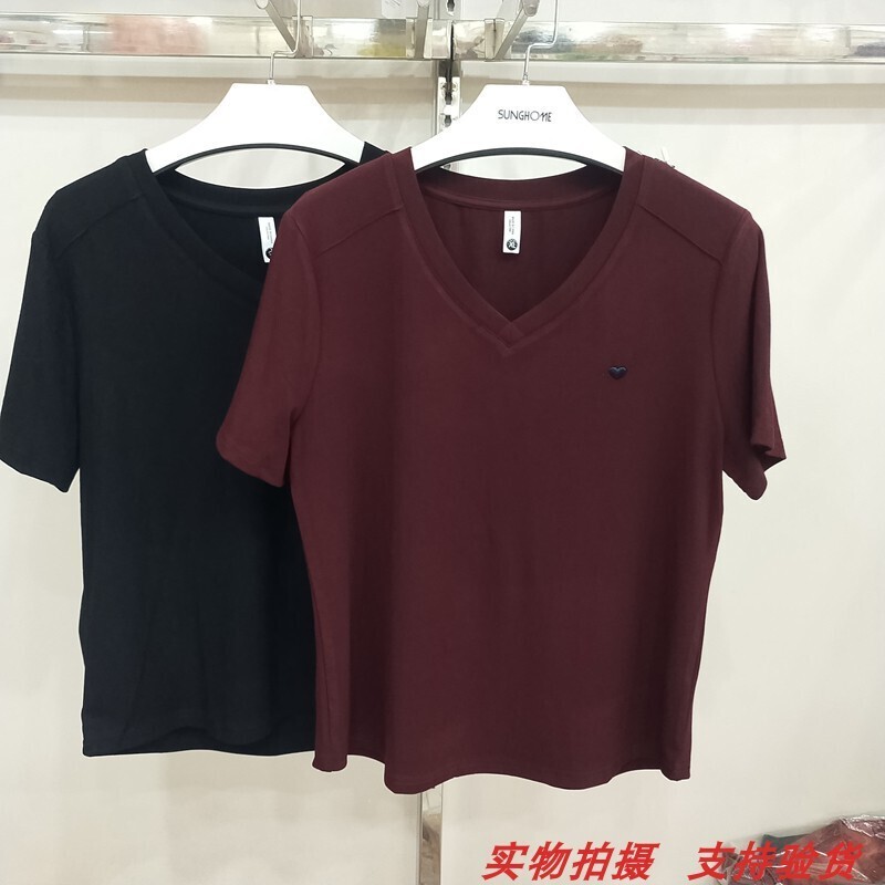 韩版V领加肥加大短袖T恤女