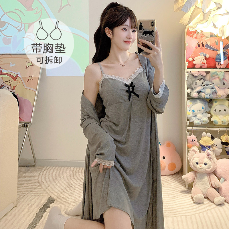 春夏睡衣女甜美带胸垫吊带开衫长袖睡袍大码220斤两件家居服睡裙
