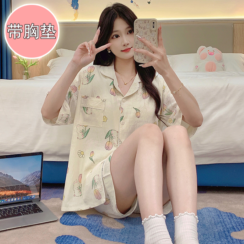 冰丝睡衣女带胸垫新款夏季甜美开衫宽松短袖短裤大码220斤家居服