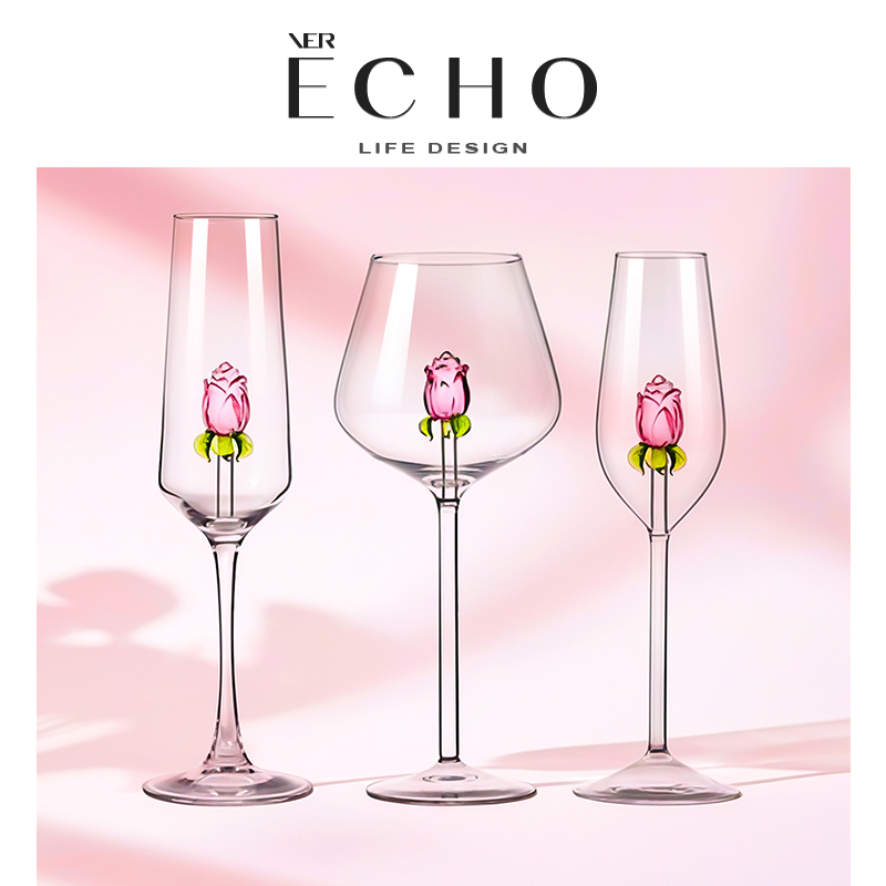 ECHO丨绽羽 CHD立体玫瑰玻璃高脚红酒杯高颜值香槟杯女生酒杯酒具