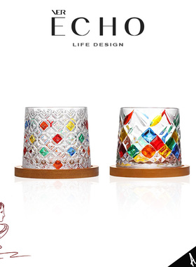 ECHO丨点钻 REI高颜值彩绘玻璃旋转杯高档威士忌酒杯洋酒杯带木座