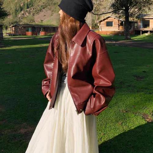 安可拉红美式小个子皮夹克