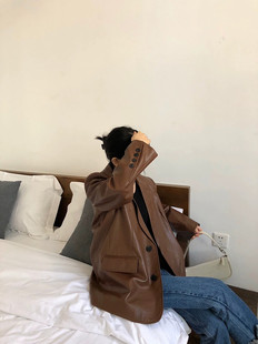 宽松复古棕色皮衣pu西服宽松休闲西装 韩版 外套女 新款 2026年春秋季