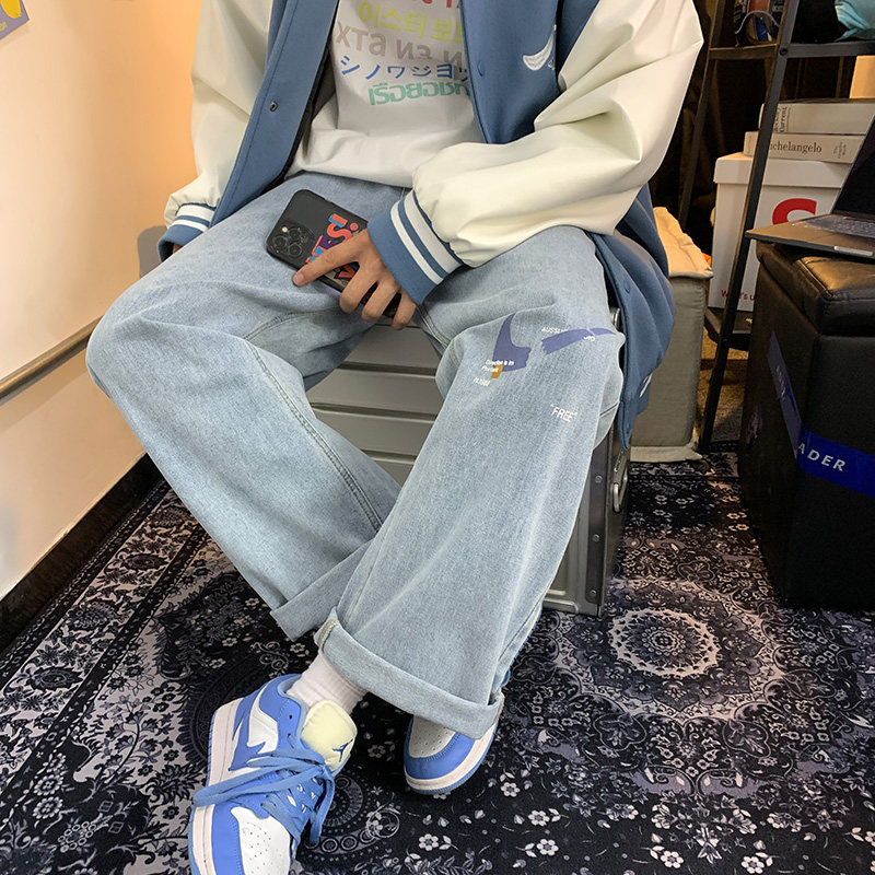新款港风百搭印花休闲裤直筒牛仔裤子XZ214-8908,男装牛仔裤,星座1204-3