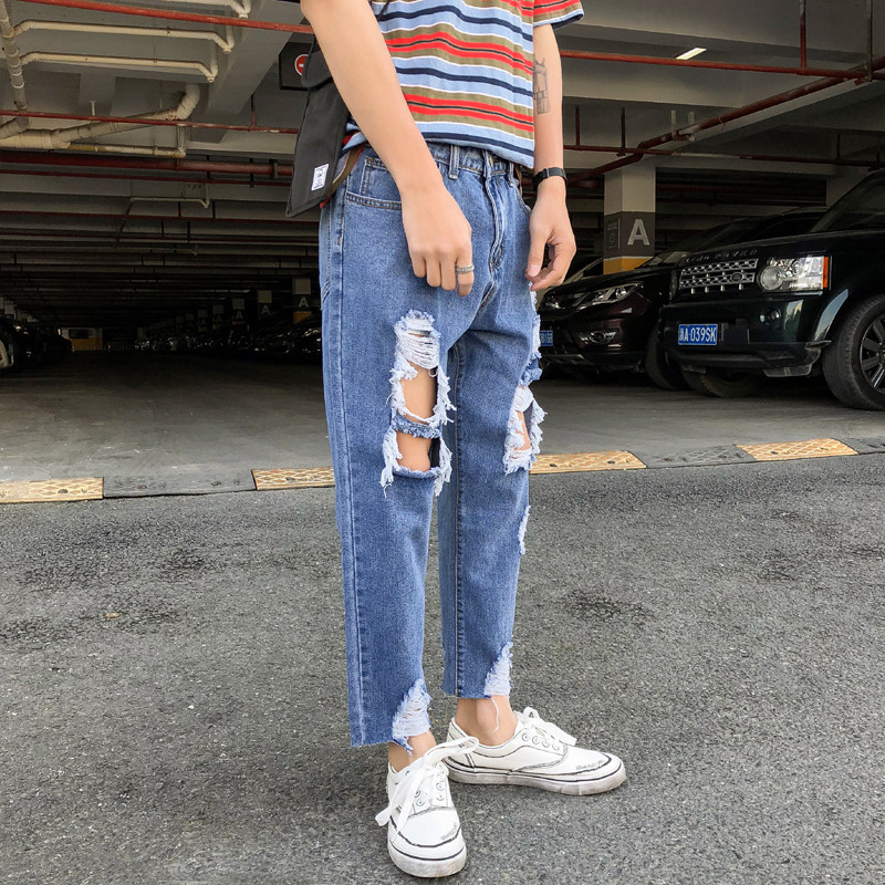 港风毛边大破洞九分裤男牛仔裤XZ214-8K37-P35,男装牛仔裤,星座1204-3