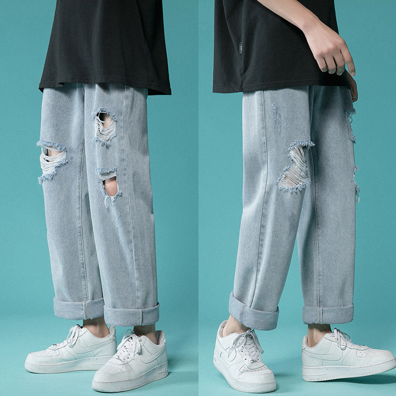 XZ214-8 905-P45宽松休闲裤破洞直筒拖地裤牛仔裤阔腿裤男图片