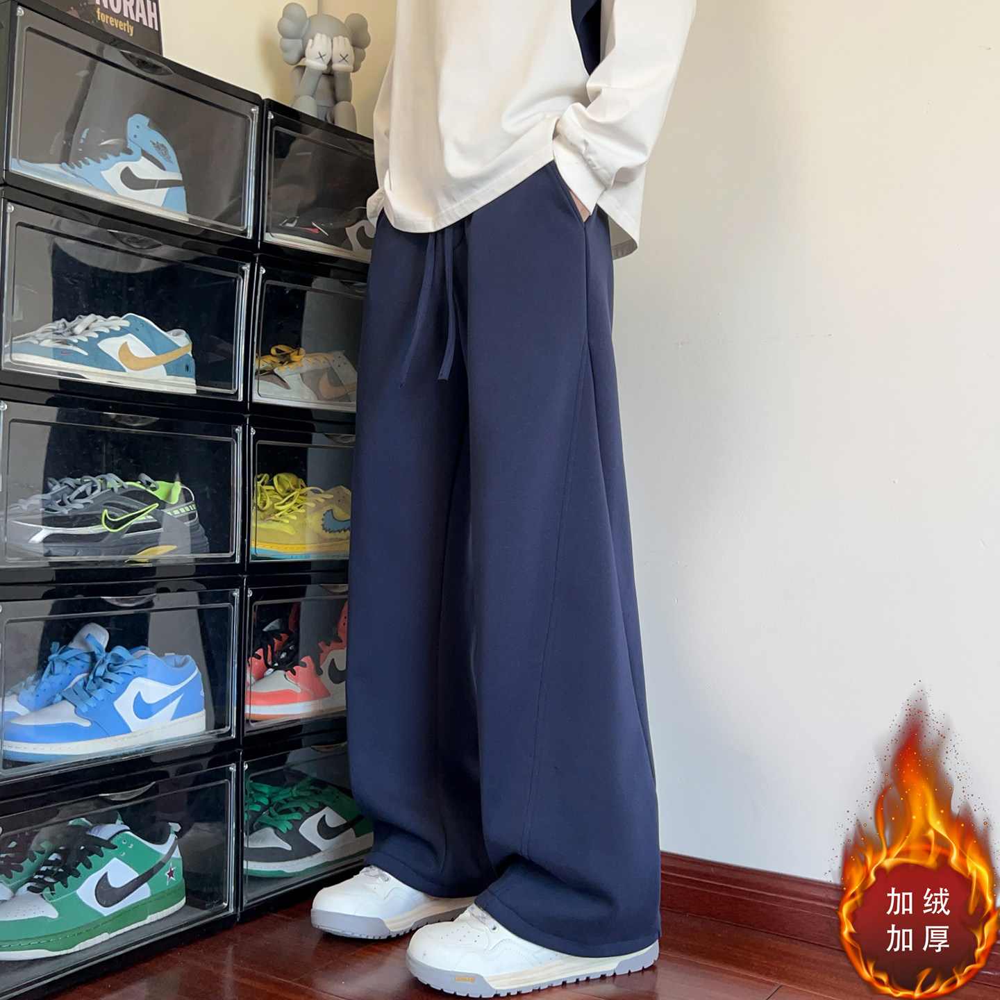 华棉加绒裤子男款冬季美式青少年加厚休闲裤宽松直筒阔腿重磅卫裤