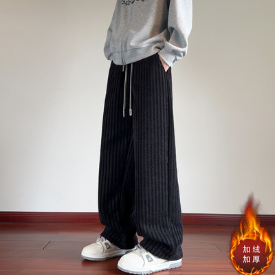 黑色鱼骨纹裤子男款冬季加绒加厚