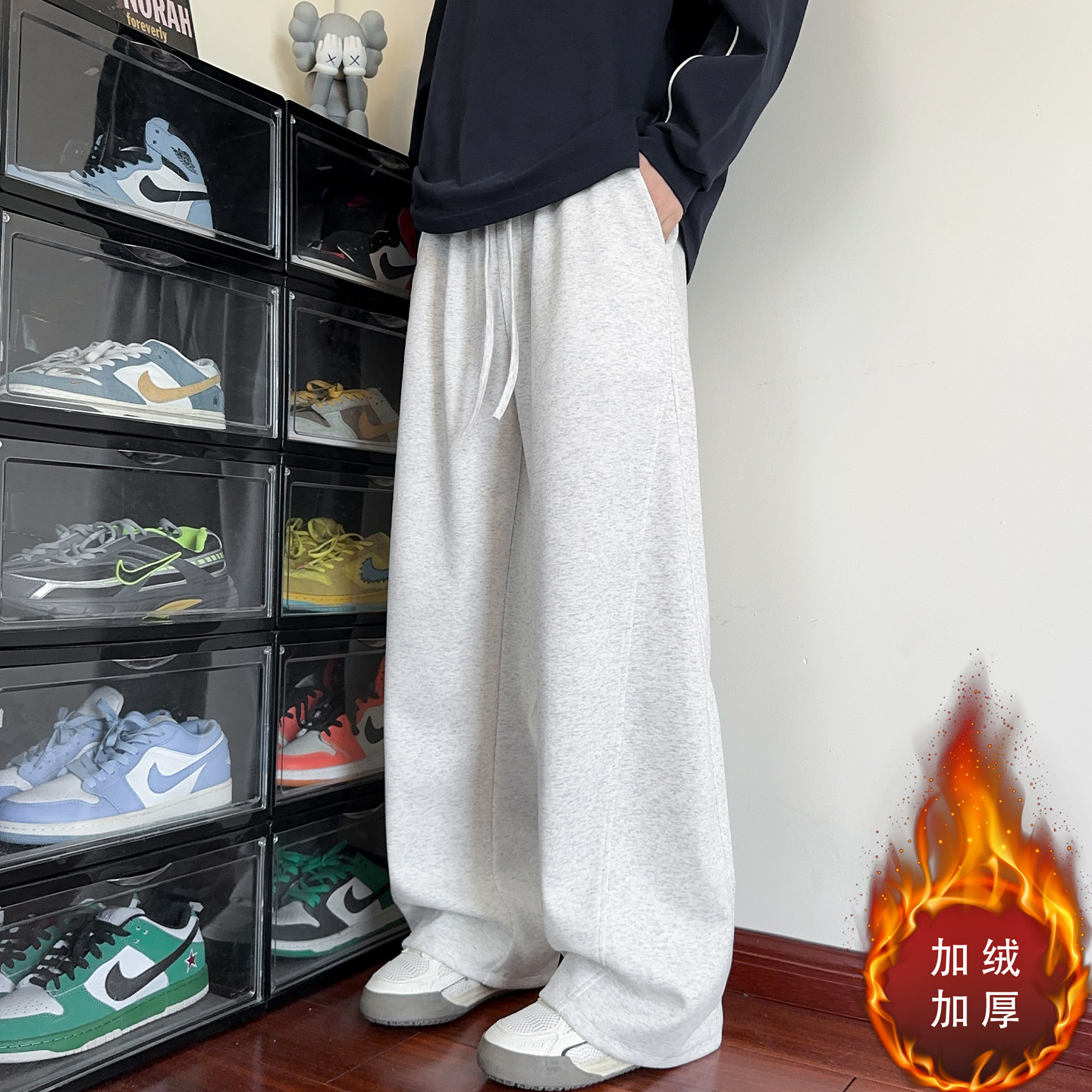 弯刀重磅卫裤男款冬季加绒青少年美式运动休闲裤子宽松直筒阔腿裤