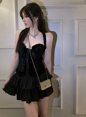 KKK STUDIO 可爱少女 丝绒吊带收腰木耳边背心上衣女