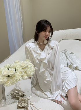 KKK STUDIO 温柔风荷叶边花朵绑带衬衫女秋冬新款内搭上衣衬衣