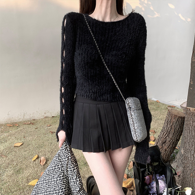KKK STUDIO 仿水貂绒毛衣女冬季甜辣妹性感修身镂空纽扣短款上衣