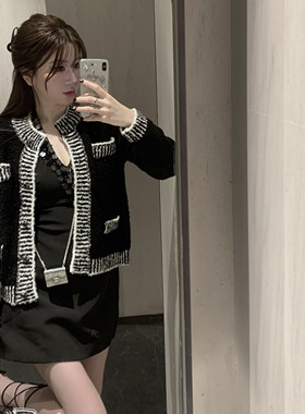 KKK STUDIO 软糯小香 黑色手工缝制链条百搭显瘦针织毛衣开衫外套