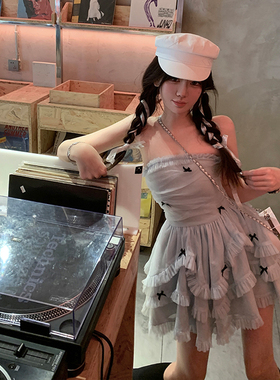 KKK STUDIO 甜美女生 淡蓝色蝴蝶结网纱少女感抹胸蓬蓬裙连衣裙