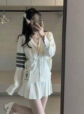 KKK STUDIO长袖针织空调开衫女v领薄款条纹设计感慵懒防晒短外套