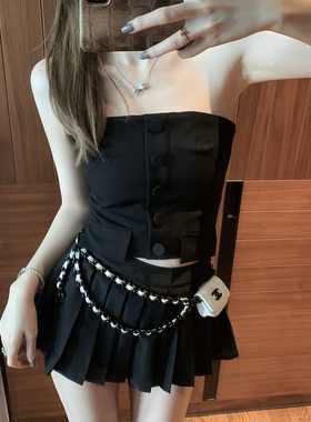 KKK STUDIO 黑色百褶裙女秋季新款高腰显瘦半身裙性感防走光A字裙