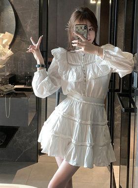 KKK STUDIO 法式宫廷风套装女春秋两件套 蕾丝衬衫+蛋糕裙半身裙