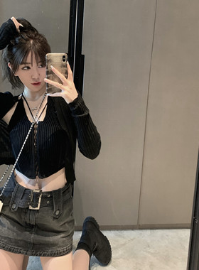 KKK STUDIO针织背心女夏修身露脐挂脖吊带设计感辣妹上衣时尚露背