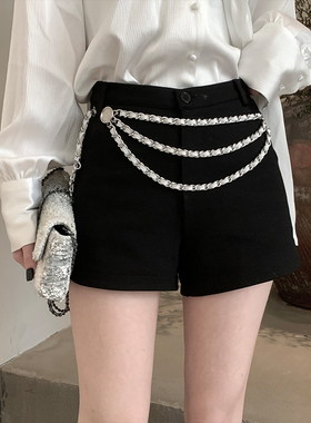 KKK STUDIO 黑色西装短裤女夏外穿高腰a字显瘦金属腰链休闲阔腿裤