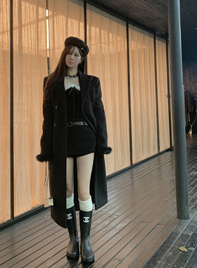 KKK STUDIO 2024气质女神款 秋冬羽毛袖口收腰毛呢外套大衣女加长