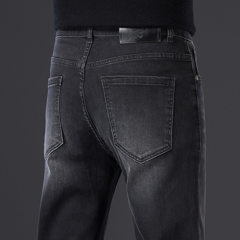 香港秋季高端黑灰色牛仔裤男士商务品质修身直筒弹力春秋款长裤子
