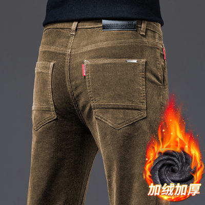 香港灯芯绒休闲裤男冬季加绒加厚修身直筒潮流百搭商务弹力条绒裤