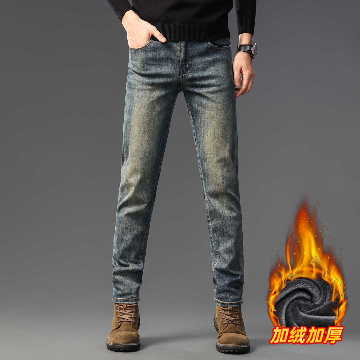 香港高端复古牛仔裤男士秋冬季新款加绒加厚修身直筒休闲长裤男