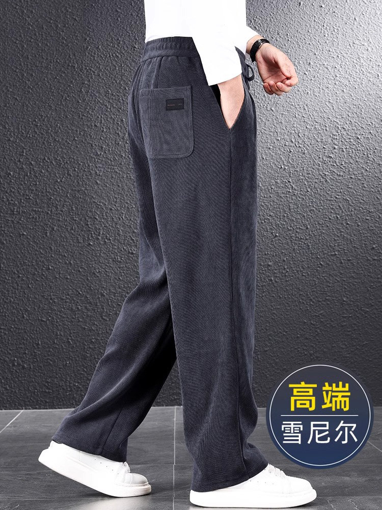 香港春秋款阔腿裤男宽松雪尼尔中年爸爸运动裤加绒加厚保暖休闲裤