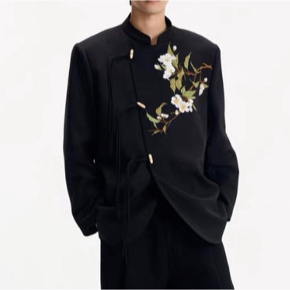 美式复古新中式中山装立领西装外套高端订婚新郎中式礼服男生款