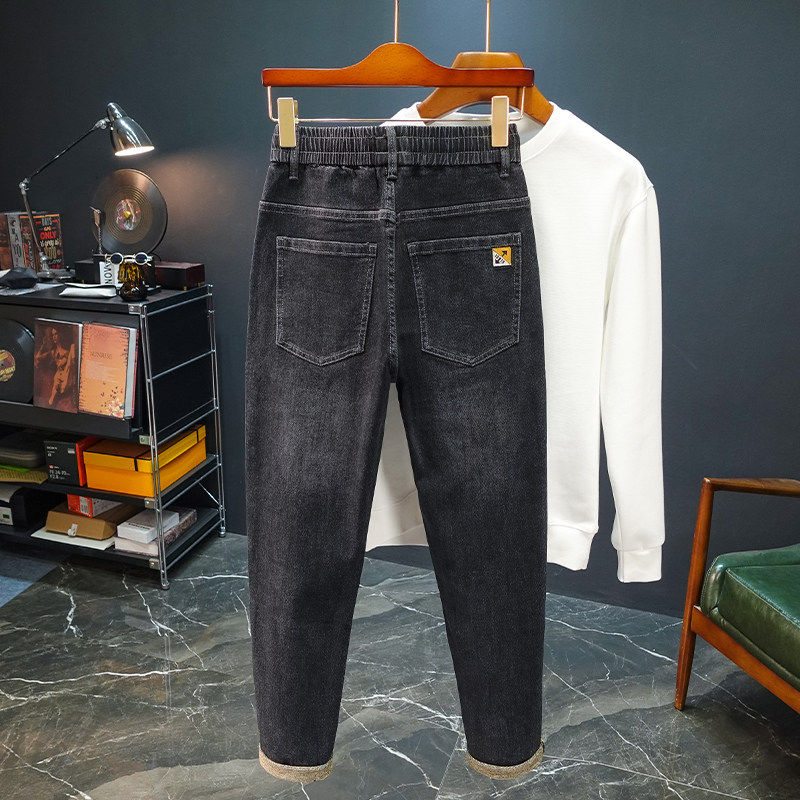 2026春秋新款牛仔裤男士休闲修身直筒潮流抽绳松紧腰弹力牛仔裤男