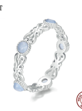 跨境淡蓝色花纹戒指女 个性宫廷风气质优雅大方s925纯银指环手饰